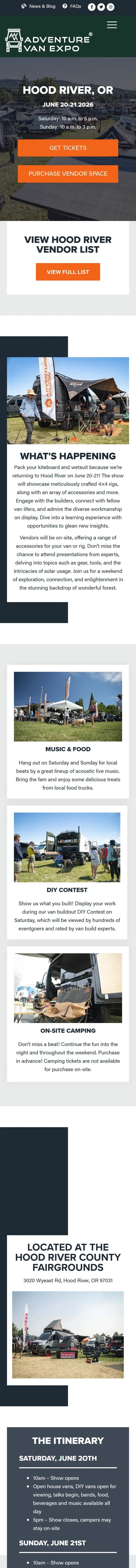 Adventure Van Expo website on mobile