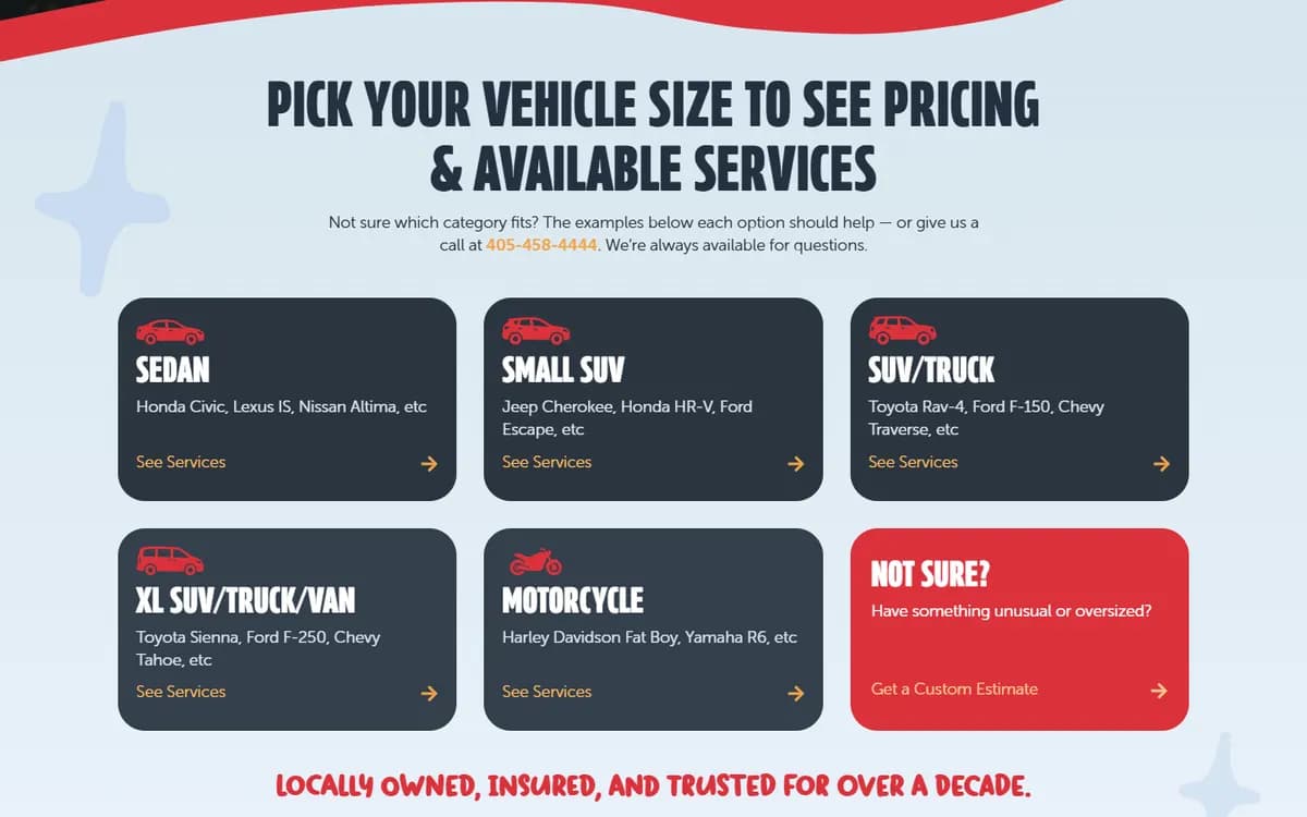 Chase Detailing: Pricing by vehicle size