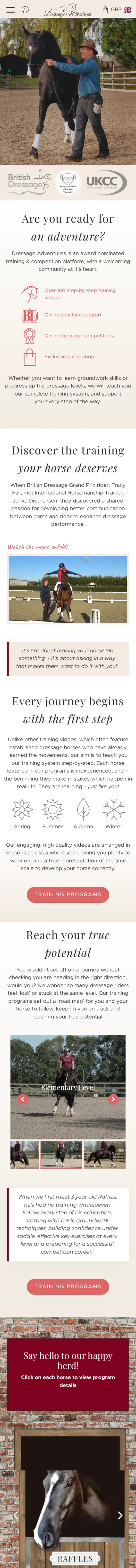 Dressage Adventures website on mobile
