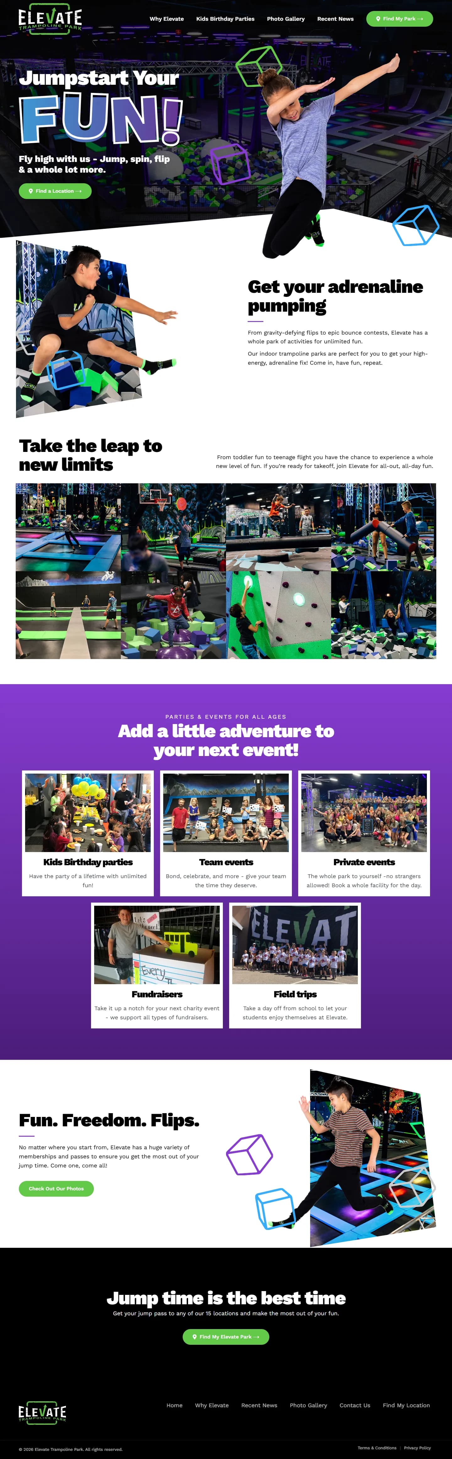Elevate Trampoline Park website, full page