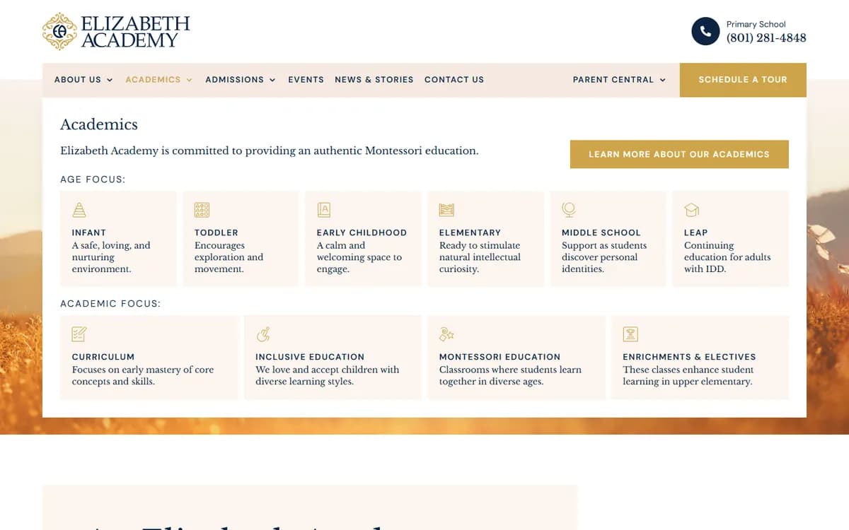 Elizabeth Academy: Mega menus organized by age