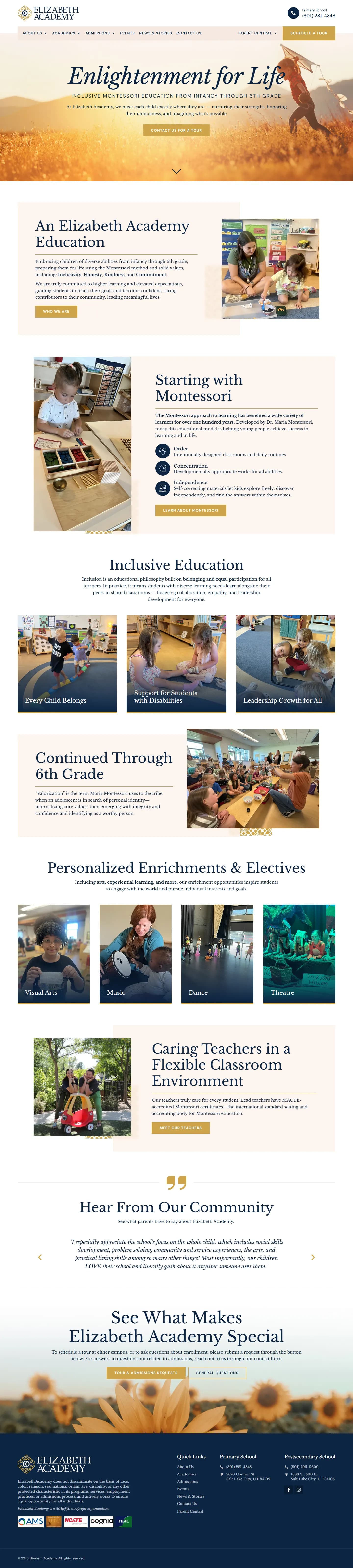 Elizabeth Academy website, full page