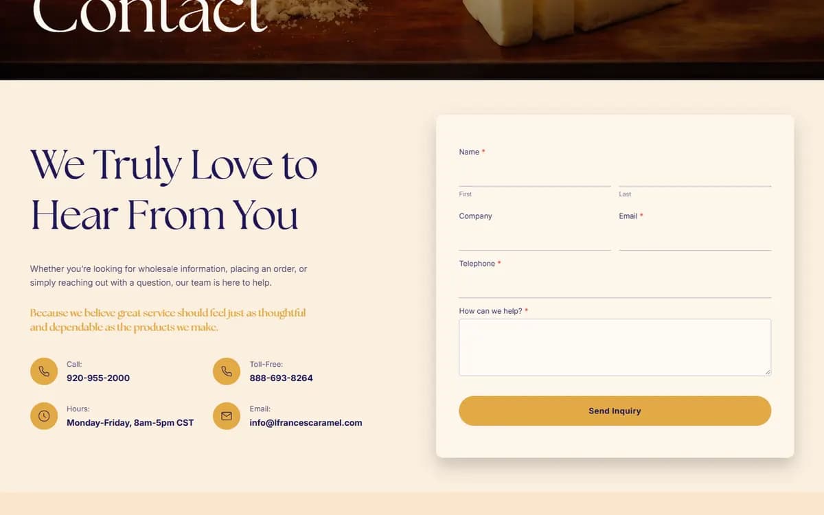 L Frances Caramels: A contact page with every way to reach the team