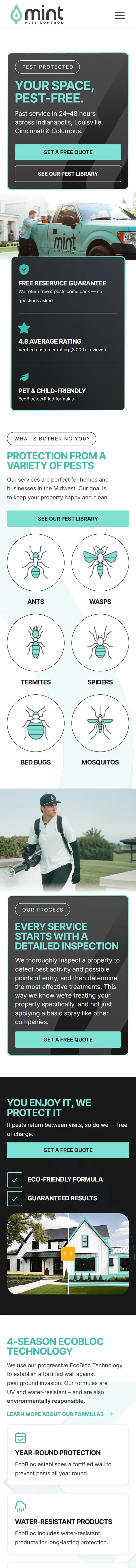 Mint Pest Control website on mobile