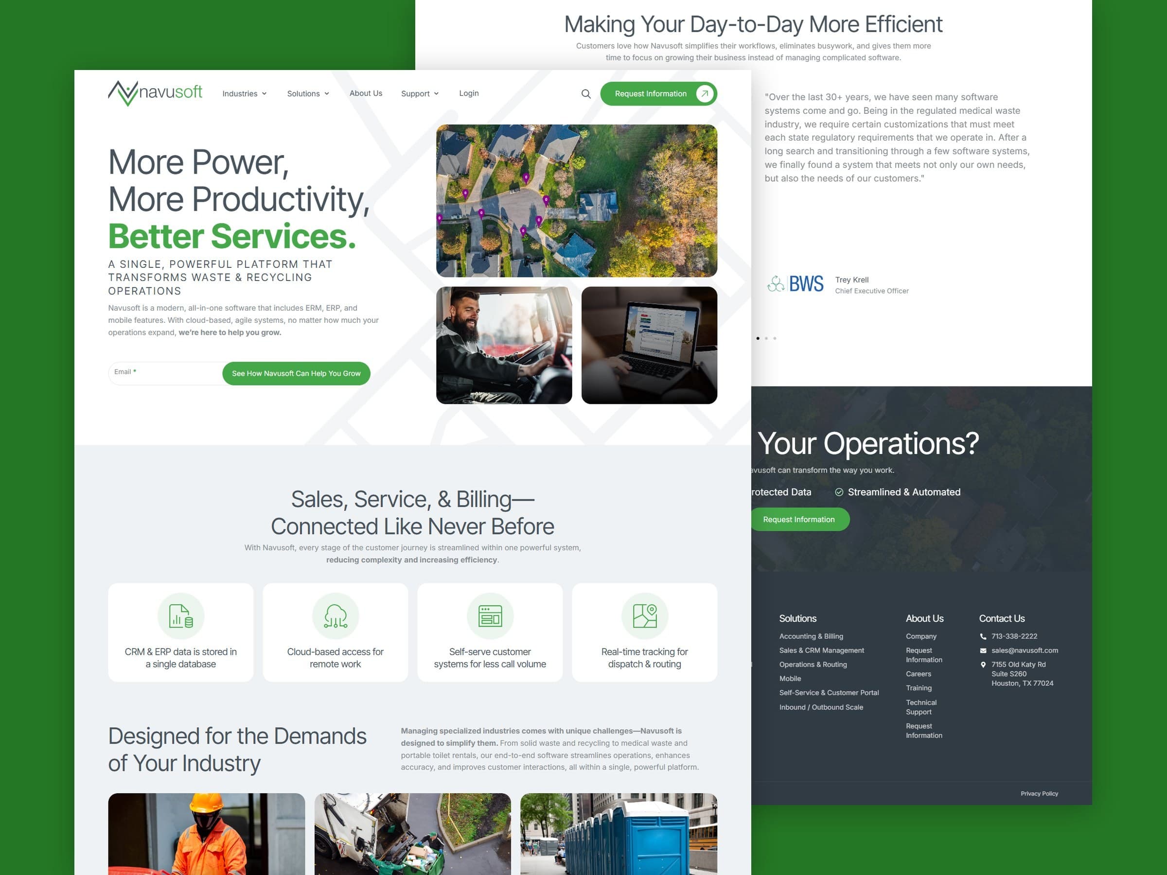 Navusoft website homepage and medical waste industry page