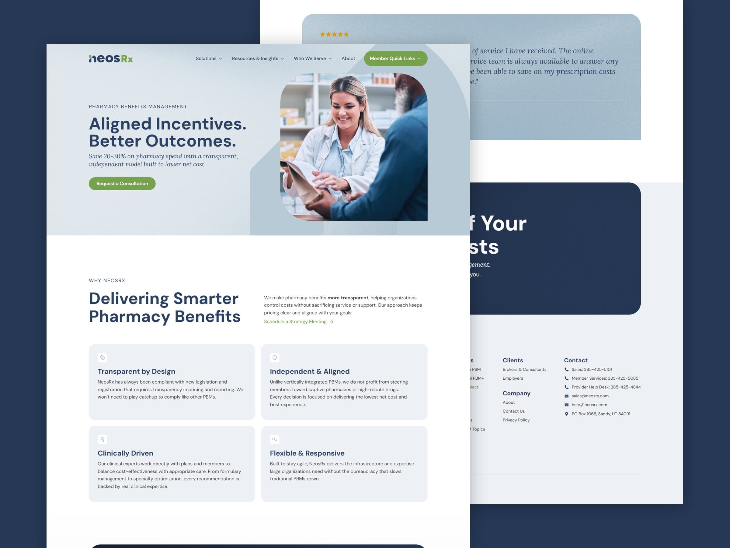 NeosRx website homepage and Specialty Select page screenshots