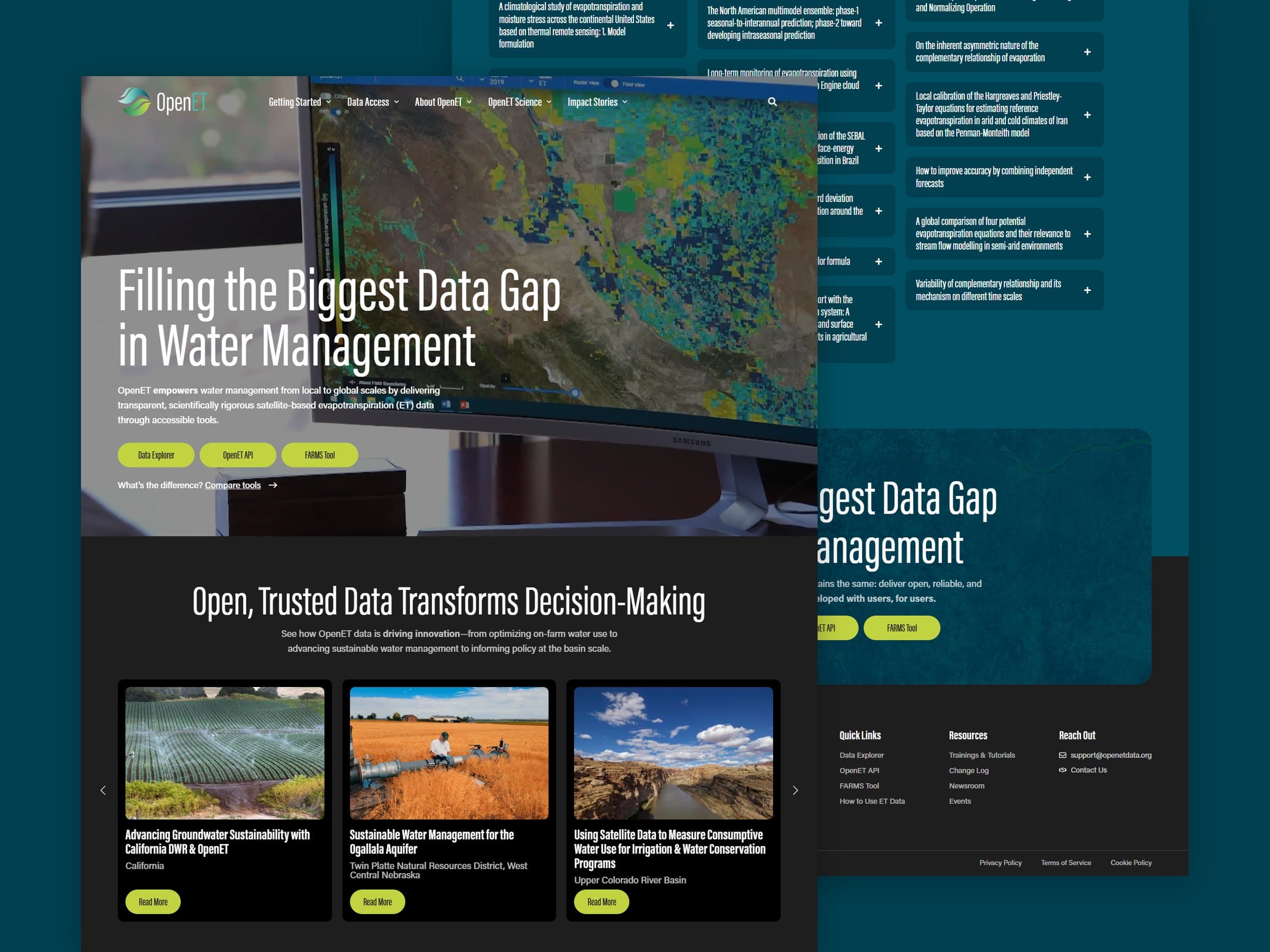 OpenET website homepage and Methods page screenshots