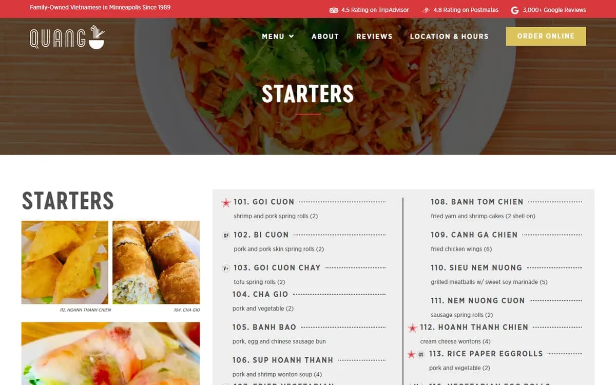 Quang Restaurant: Dietary icons and chef's favorites