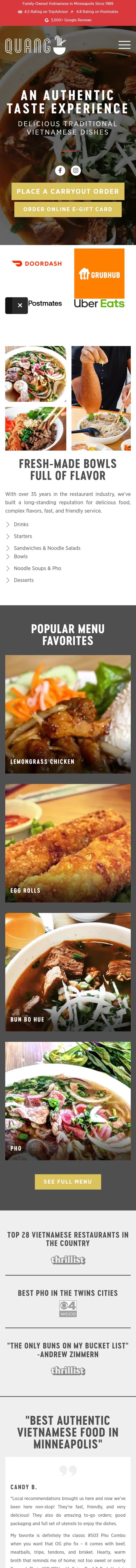 Quang Restaurant website on mobile