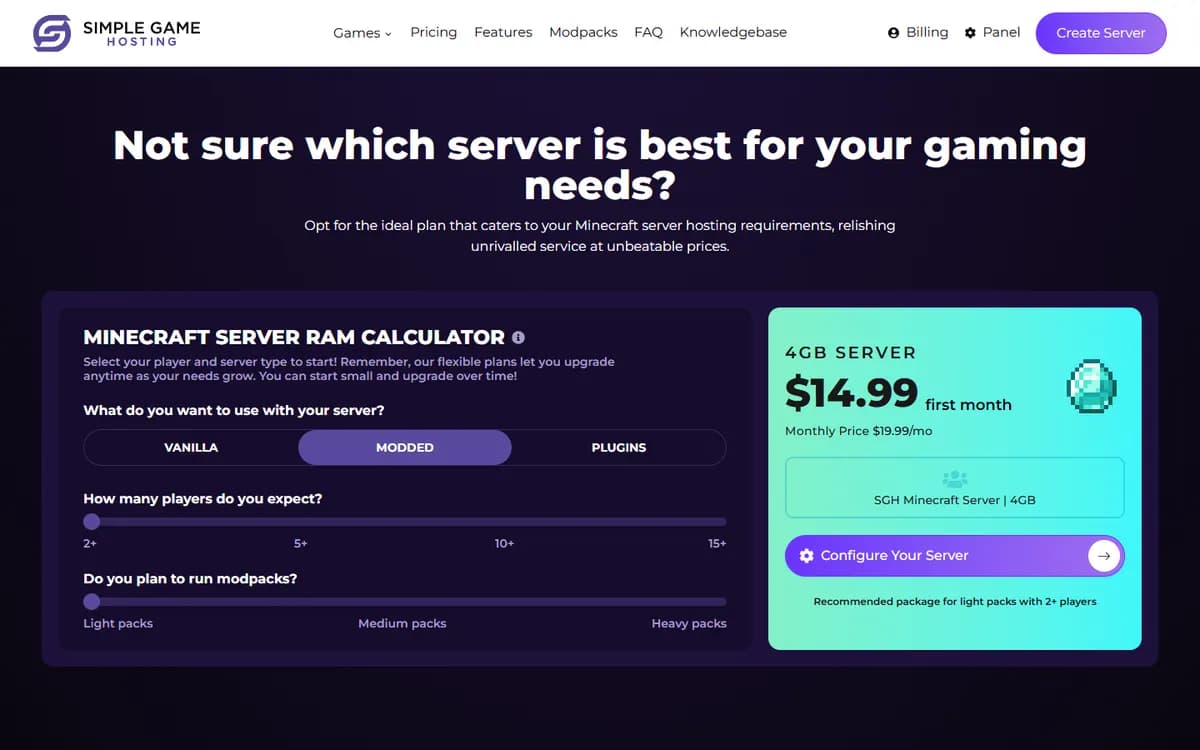 Simple Game Hosting: Minecraft server RAM calculator