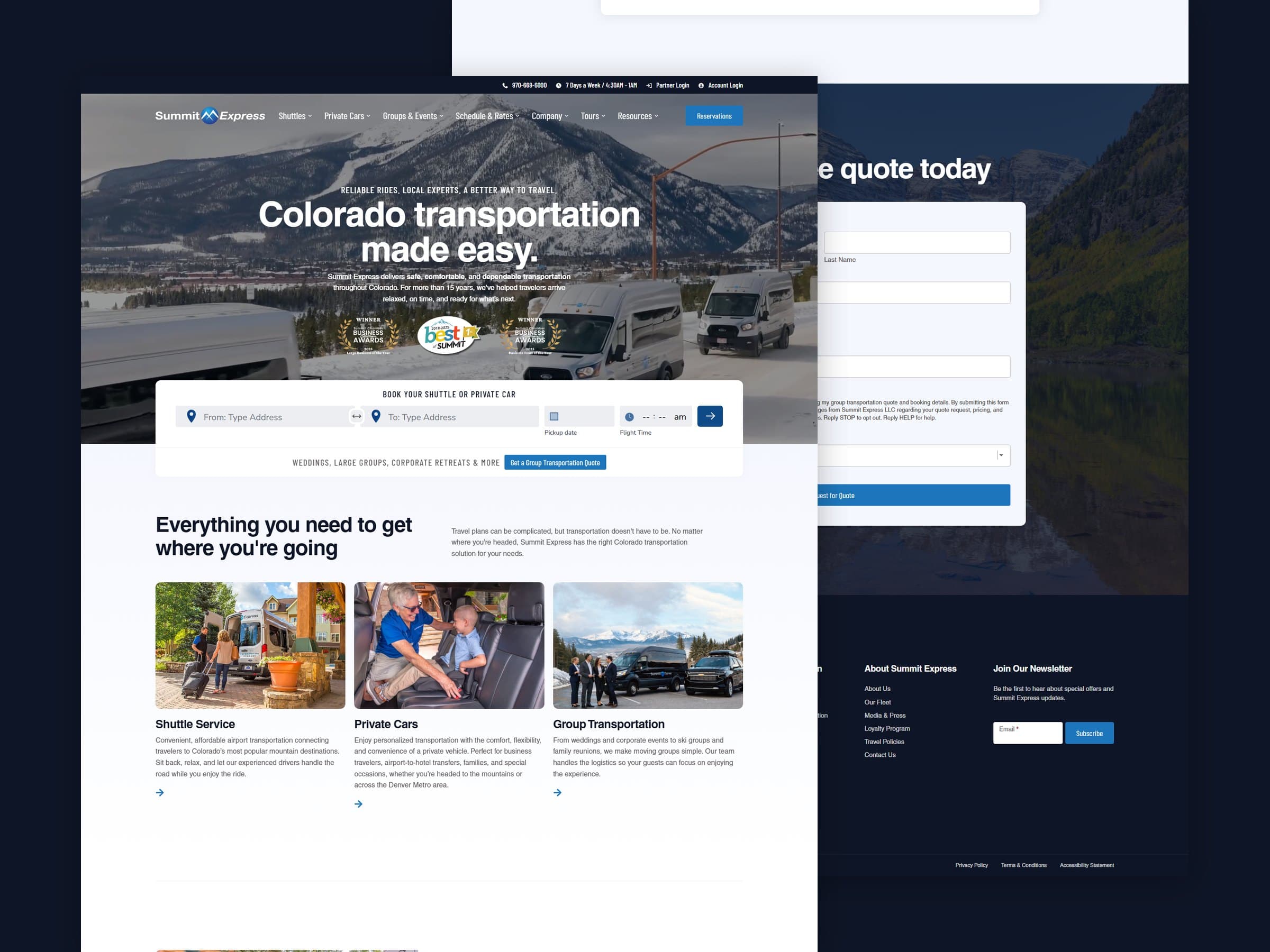 Summit Express website homepage and group transportation page