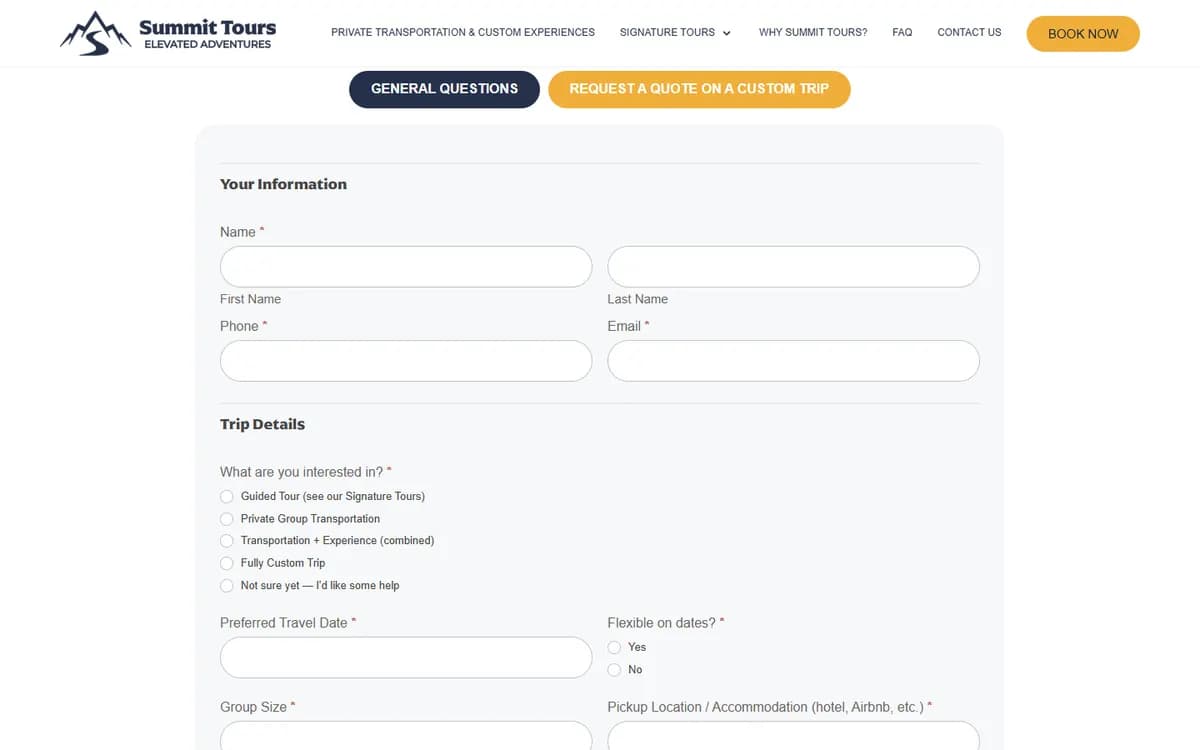 Summit Tours: A quote form built for trip planning